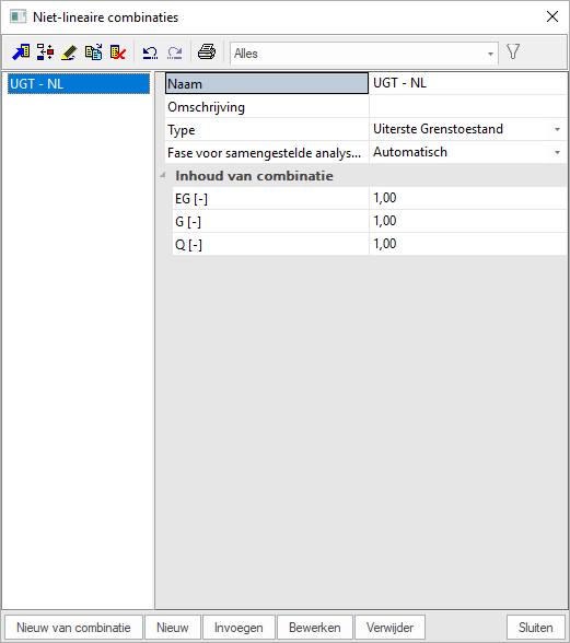 Niet-lineaire combinatie zonder seismisch belastingsgeval