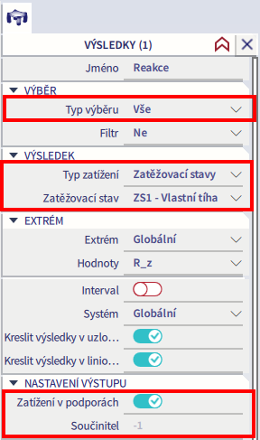 výsledky reakce zatížení v podporách