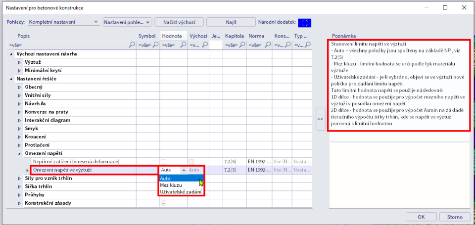 nastavení pro betonové konstrukce