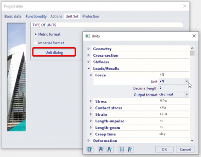 In the tab Unit set you click Unit dialog to adjust the units