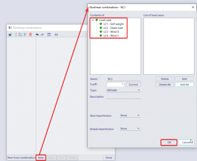 Create a new nonlinear combination by clicking on 'new' and adding all the desired load cases into the selection.