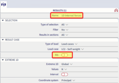 In the property window of the results you can toggle the function Rib on and off