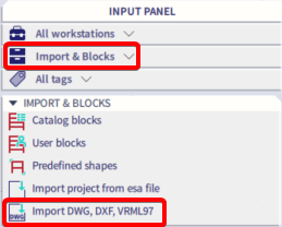 In the input panel underneath the category import and blocks you can find the function to import a dwg file.