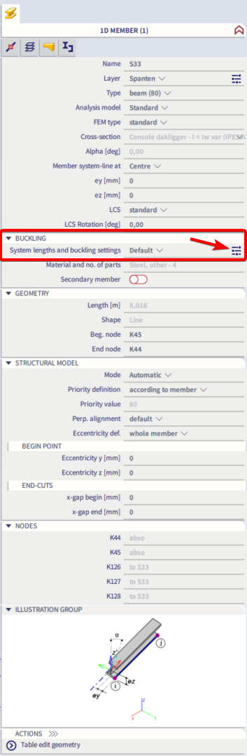 The buckling settings can be reached from the property panel of an element