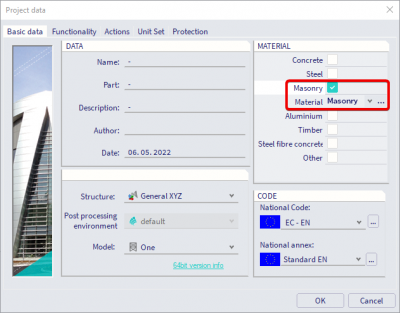 Scia Engineer FAQ - Model masonry wall - project settings select material masonry