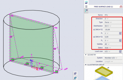 SciaEngineer FAQ - original free load in cylindrical tank properties