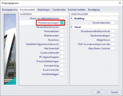 Scia Engineer FAQ - Gebruik modelaanpassingen om een gefaseerd project te maken - modelaanpassingen kunnen in de projectgegevens geactiveerd worden