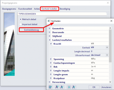 De eenheden dialoog via de projectinstellingen