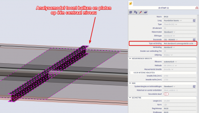 Scia Engineer FAQ - Composiet staal-beton balken visualiseren - Analysemodel toont balken en platen op één centraal niveau