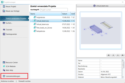 Projektmanager Lizenzeinstellungen
