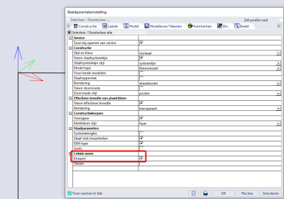 Lokale assen kunnen weergegevenworden indien dit aangeduid wordt in de beeldparameterinstellingen