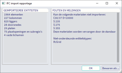 Rapportage dat wordt weergegeven na het importeren van een IFC bestand