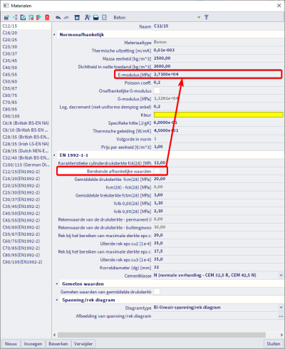 De E-modulus van beton kan aangepast worden door deze optie uit te vinken.