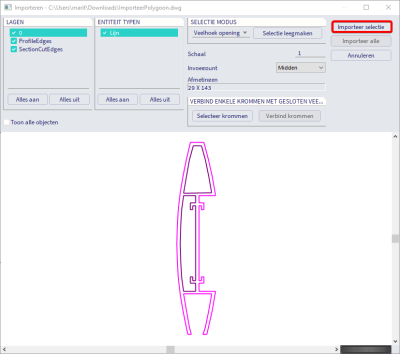 Importeer de geselecteerde veelhoek en veelhoek openingen