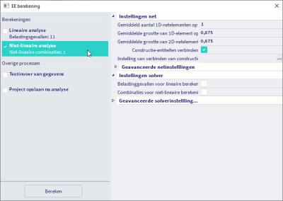 De niet-lineaire analyse kan gekozen worden bij de berekening