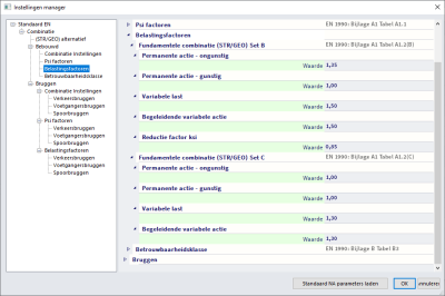 Factoren die gebruikt worden voor de Eurocode combinaties