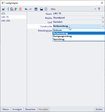 Constructietype wordt ingesteld in de lastgroep