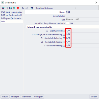 De factoren van een lineaire of omhullende combinatie houdt geen rekening met de factoren uit de Eurocode.