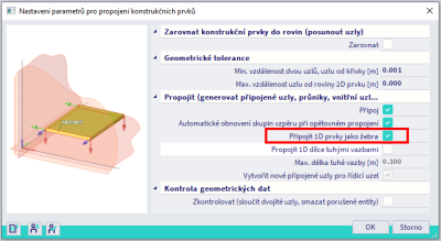 připojit 1D prvky jako žebra