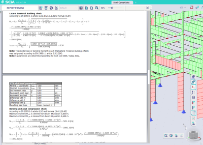 Image of color coded unity checks and a detailed output with formulas of the steel ULS check in SCIA Engineer