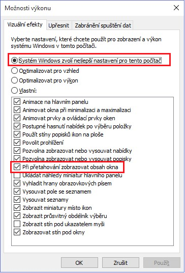 Možnosti výkonu Windows