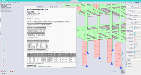 Image of color coded unity checks and a detailed output with formulas of the steel ULS check in SCIA Engineer